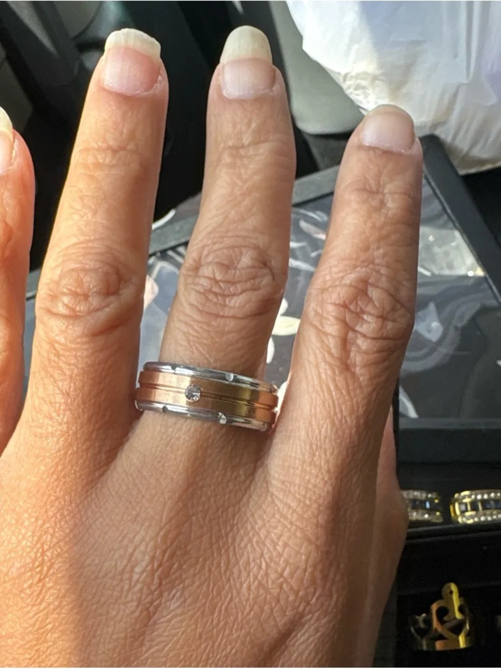 Classic Two-Tone Men's Band Ring with Accent Stones - Rose Gold & Silver